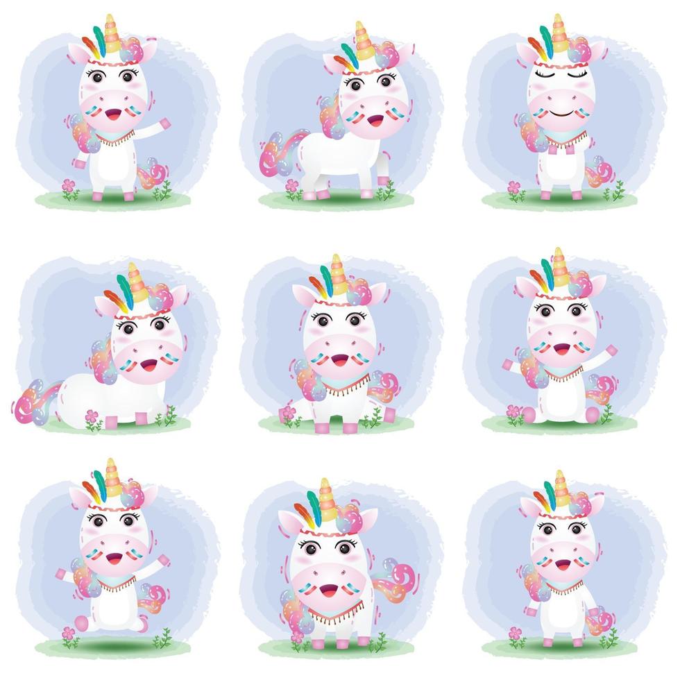 cute unicorn collection with apache costume vector