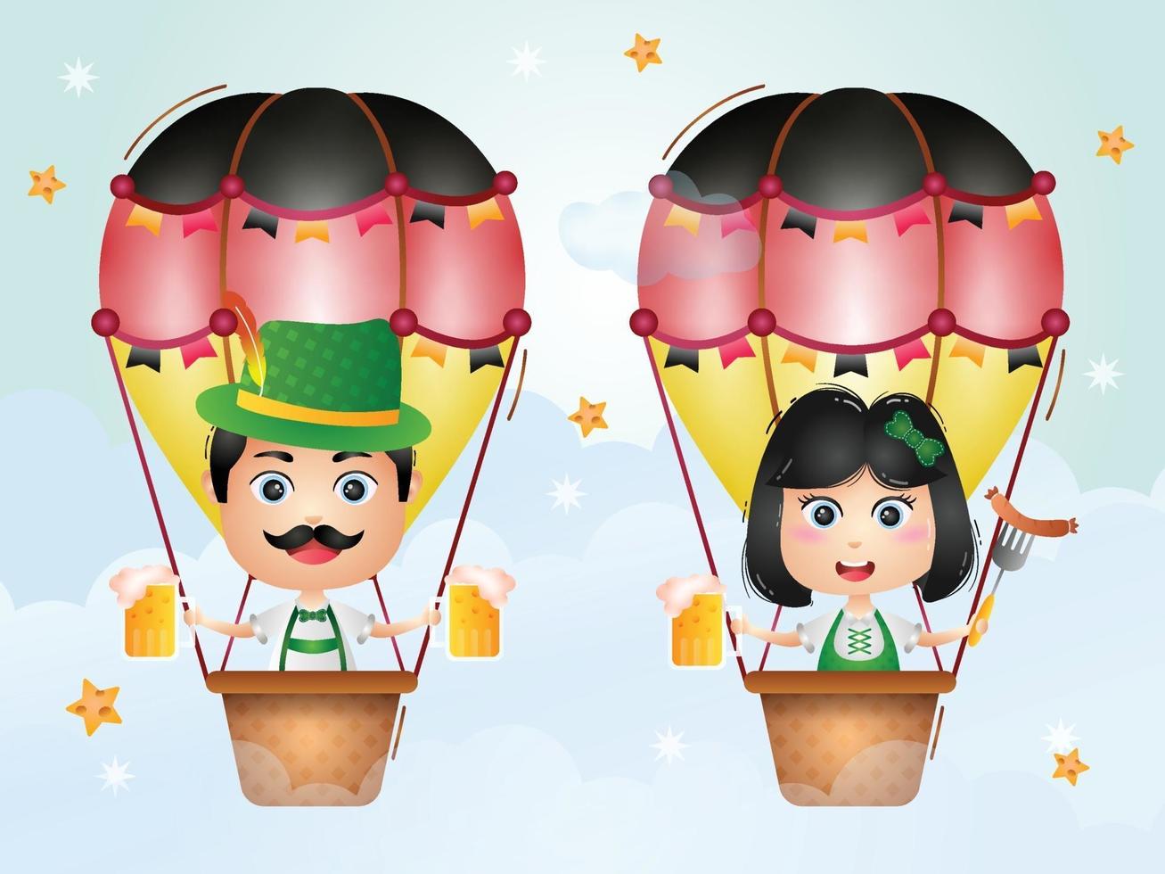 Cute couple on hot air balloon with traditional oktoberfest dress vector