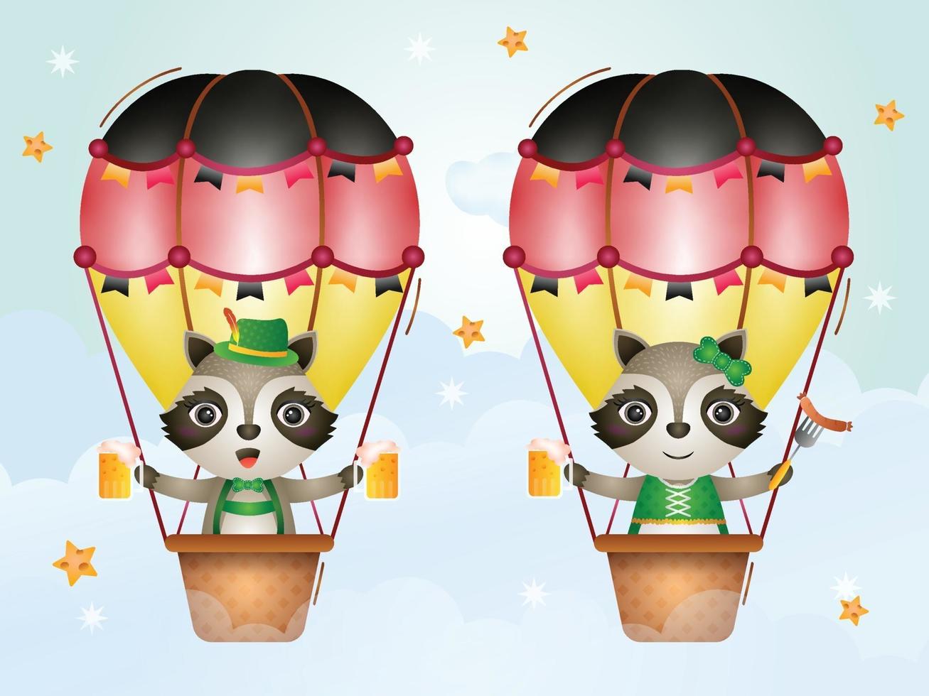 Cute raccoon on hot air balloon with traditional oktoberfest dress vector