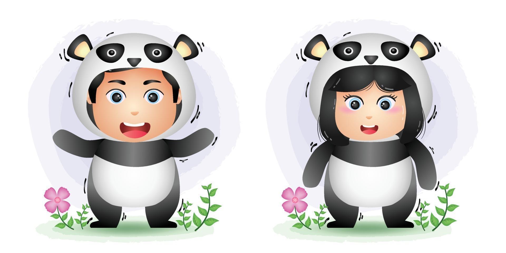 cute couple using the panda costume vector