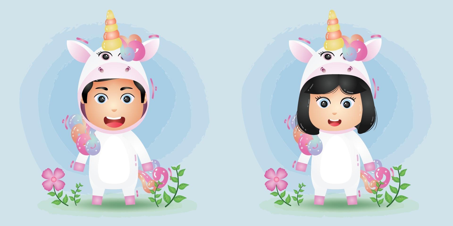 cute couple using the unicorn costume vector