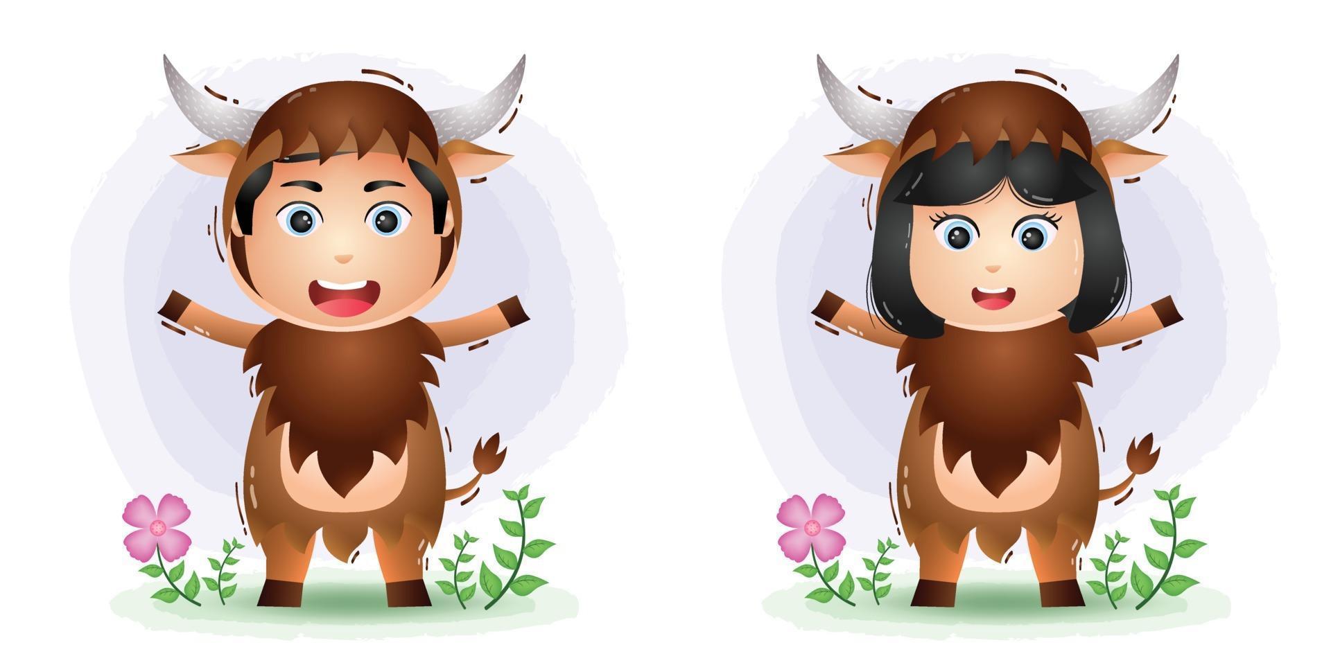 cute couple using the yak costume vector