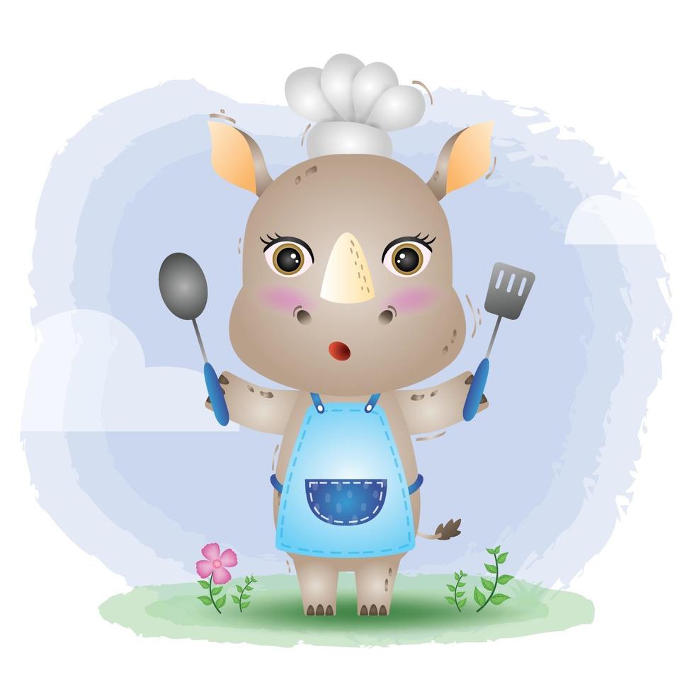 a cute little rhino chef vector