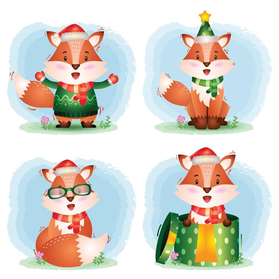 una linda colección de personajes navideños de zorros con sombrero, chaqueta, bufanda y caja de regalo vector