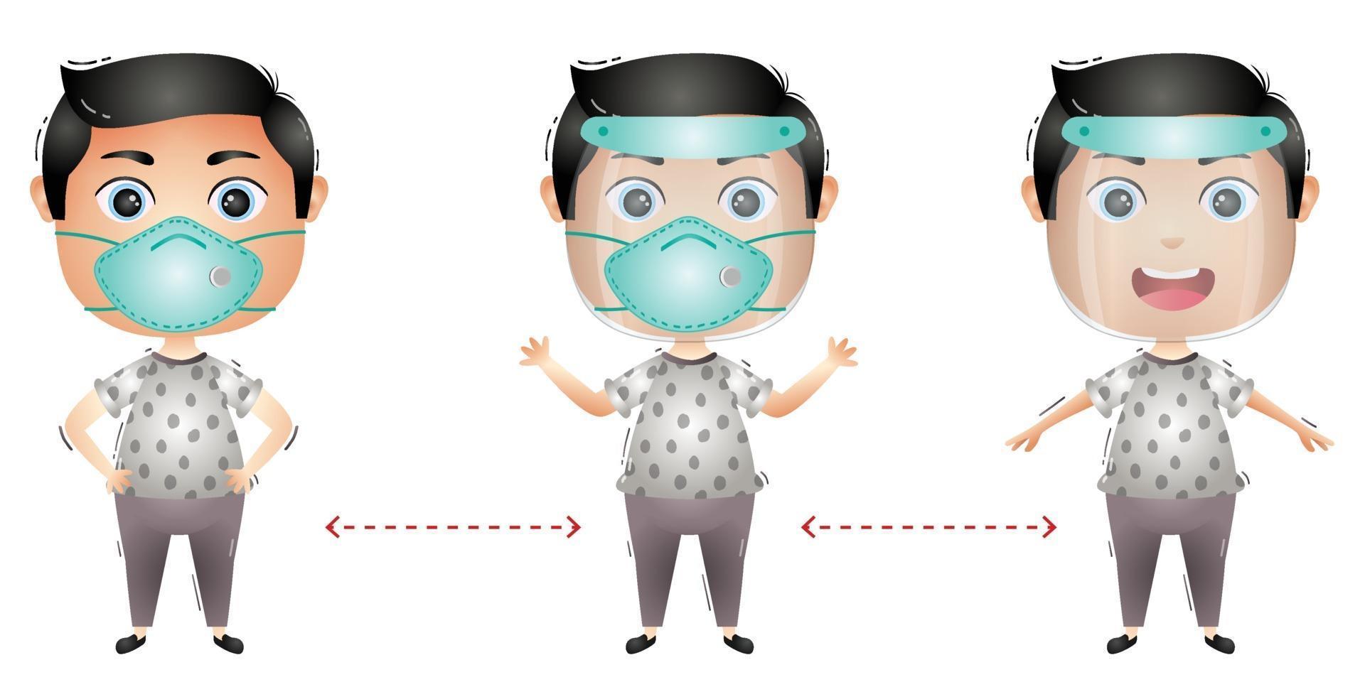 Cute boy character using face shield and mask vector