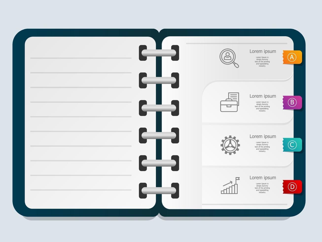 Plantilla de libro de notas de elemento de presentación de infografías abstractas con icono de negocios vector