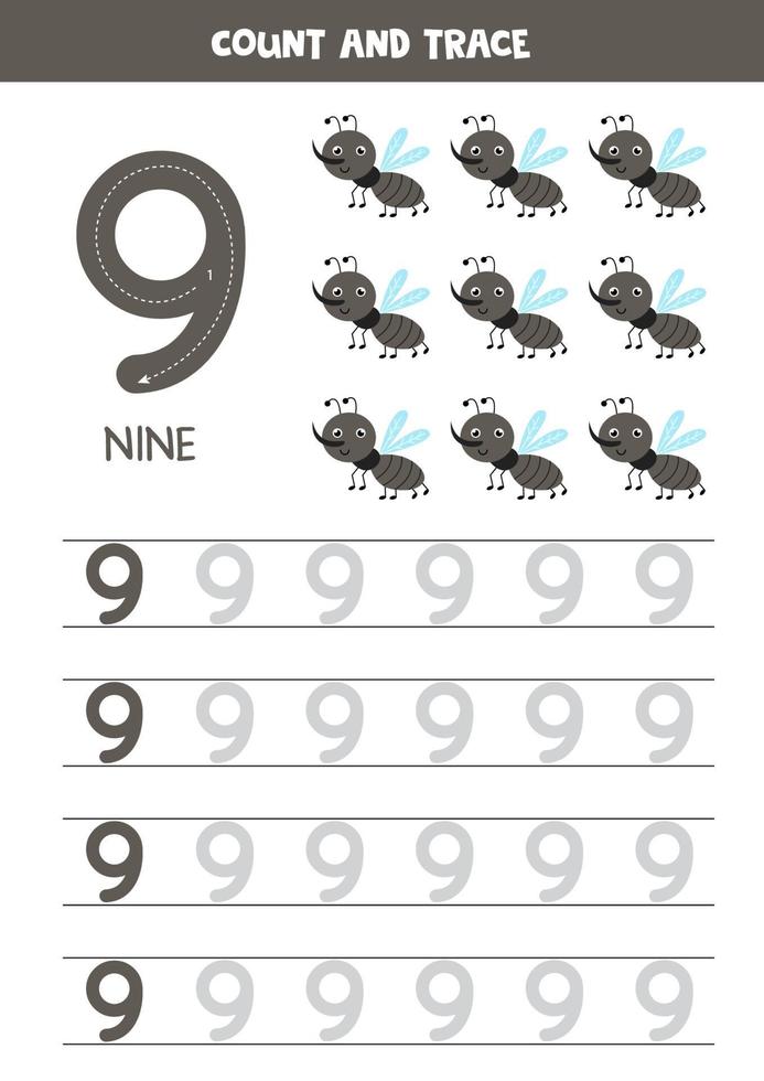 Tracing numbers worksheet with cute gnats. Trace number 9. vector