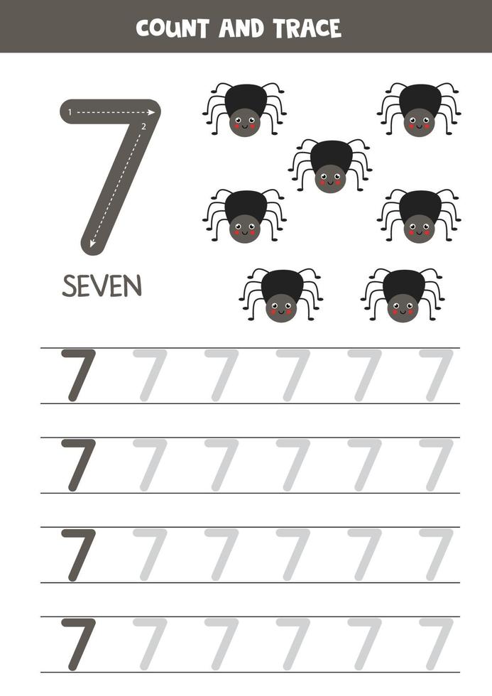 Tracing numbers worksheet with cute insects. Trace number 7. vector