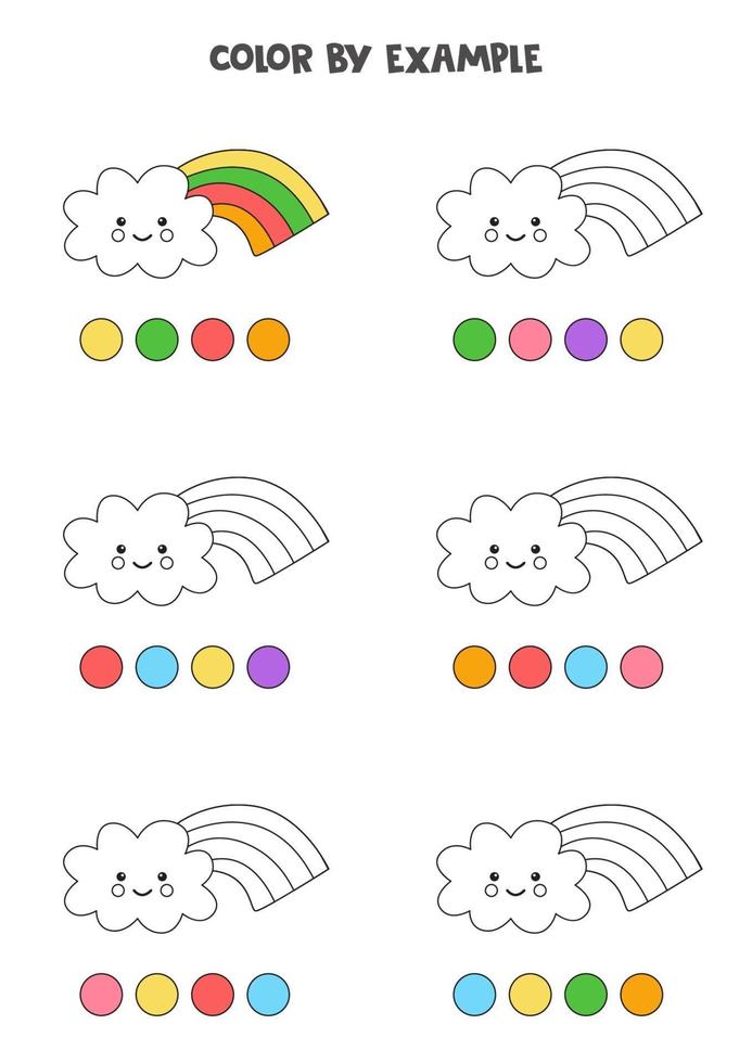 Color cute clouds with rainbows by examples. Worksheet for kids. vector