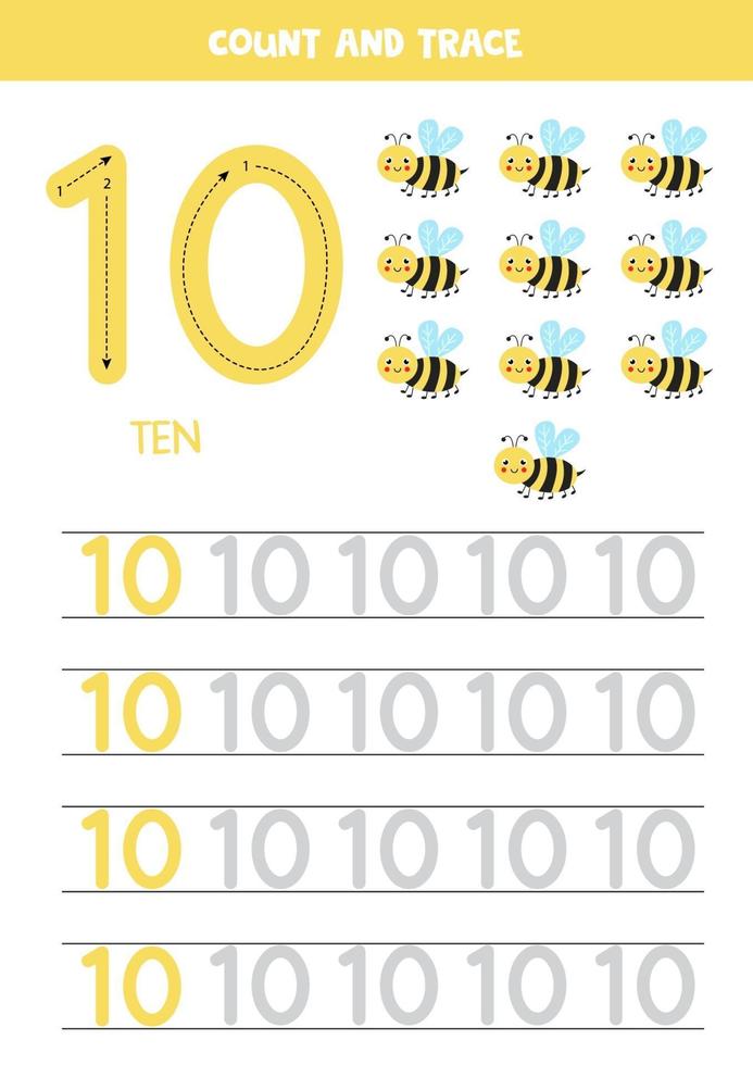 Tracing numbers worksheet with cute bee. Trace number 10. vector