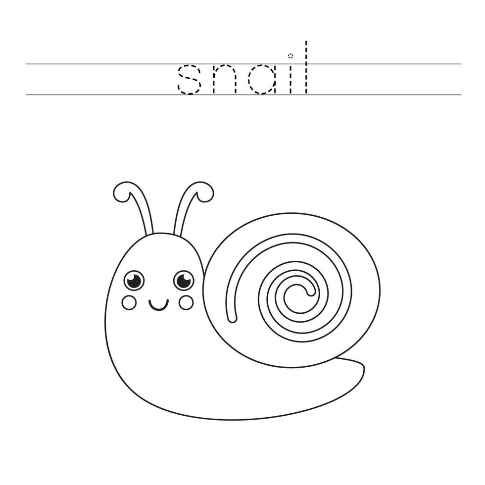 Tracing letters with cute snail. Writing practice for kids. vector