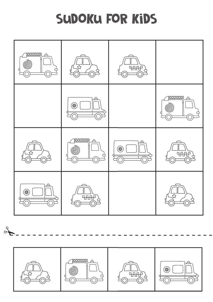 Sudoku game for kids with cartoon transportation means. vector
