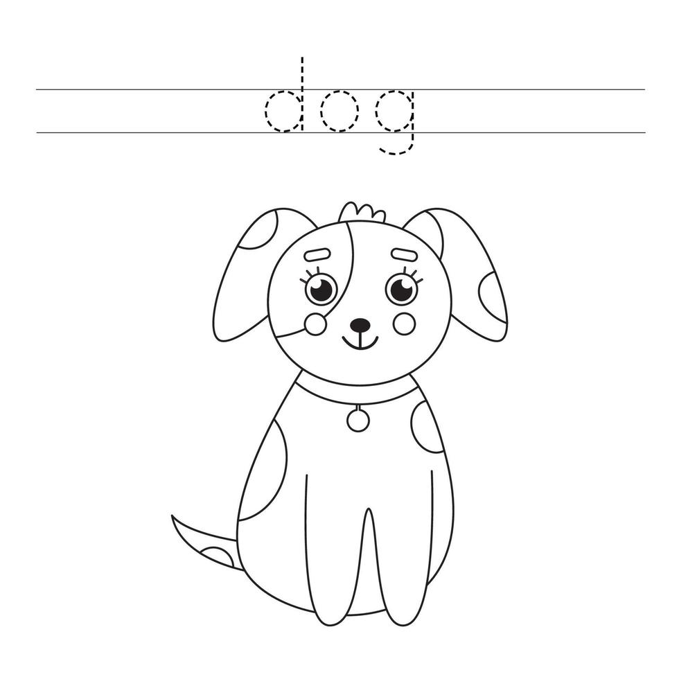 trazando letras con lindo perro. práctica de escritura para niños. vector