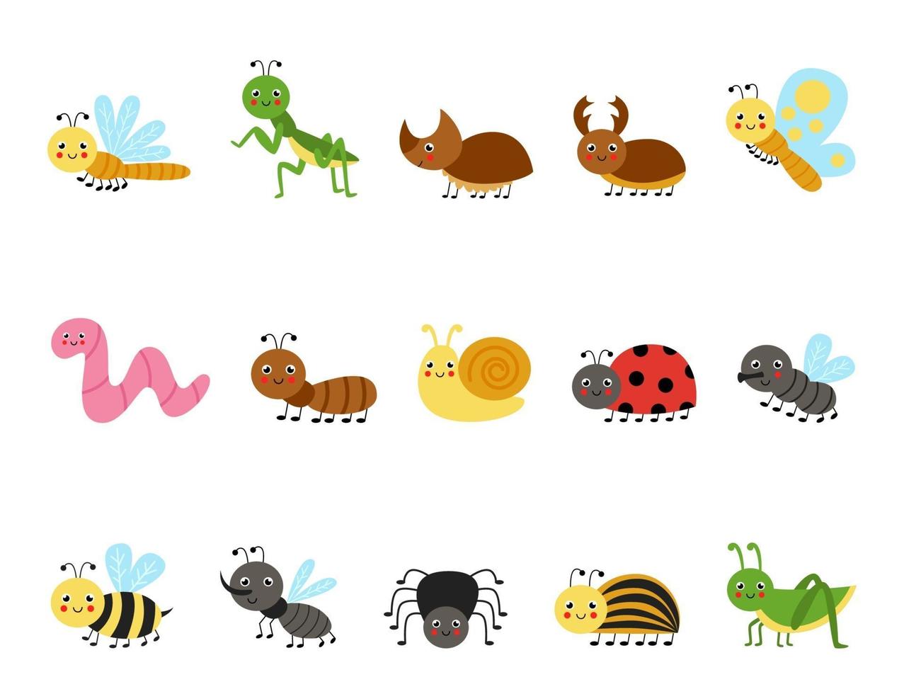 conjunto de insectos de dibujos animados lindo. ilustraciones vectoriales. vector