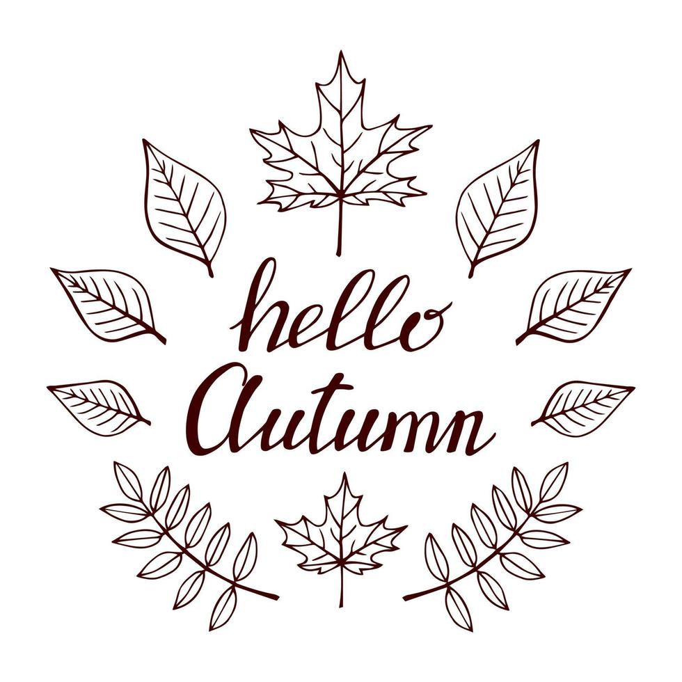 Hand drawn lettering with decorative elements, autumn leaves. Text Hello autumn on the white background. Vector illustration. Perfect for prints, flyers, banners, invitations