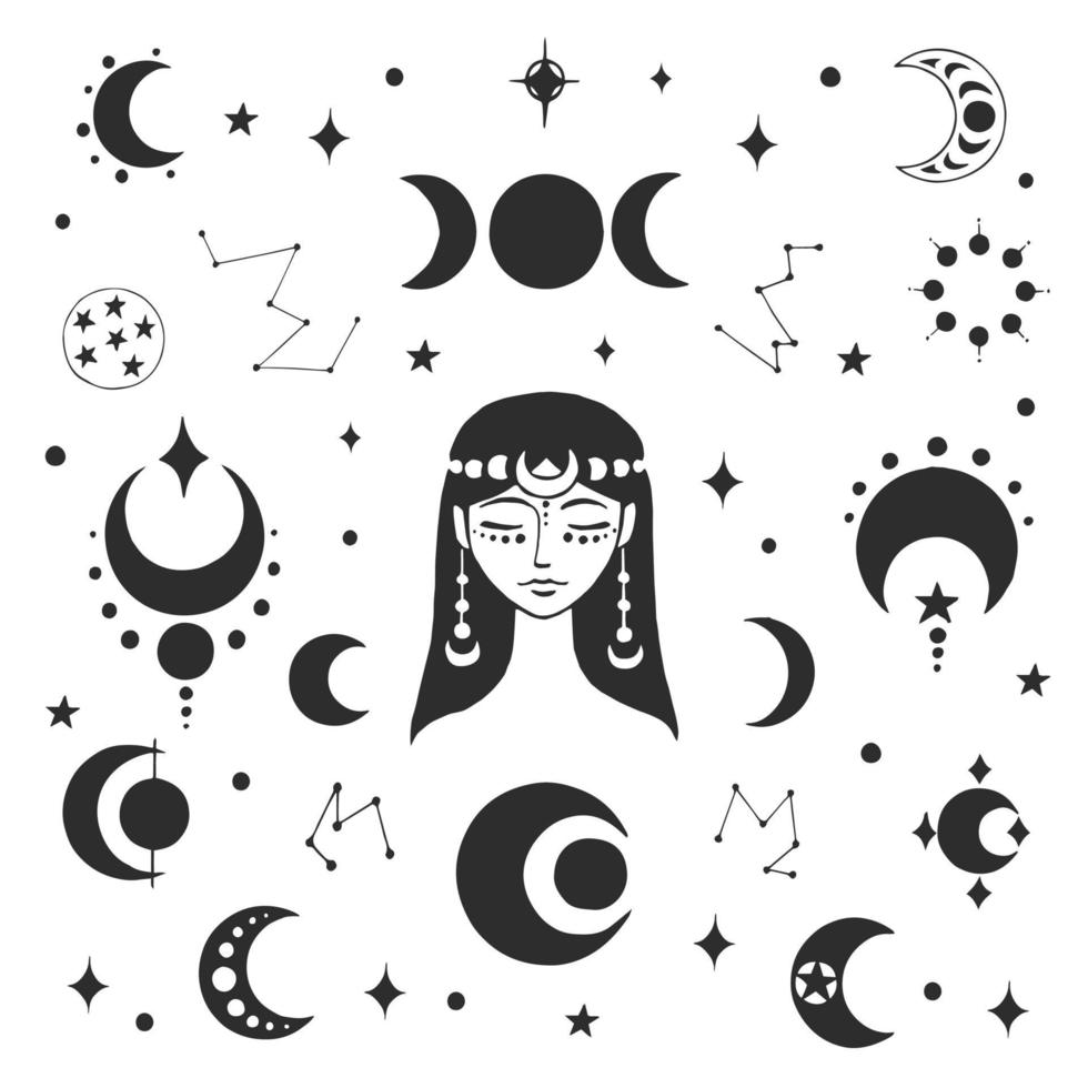 Stylized portrait of a young beautiful girl with long hair. Esoteric symbol of a woman, moon. Design elements, tattoos, stickers. Linear vector illustration isolated on a white background.