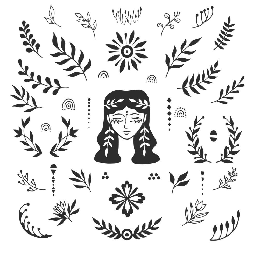 Woman's face and leaves. Hand drawn. Design elements, tattoos, stickers. Illustration on the theme of beauty salon, massage, cosmetics, Spa. Vector illustration isolated on a white background.