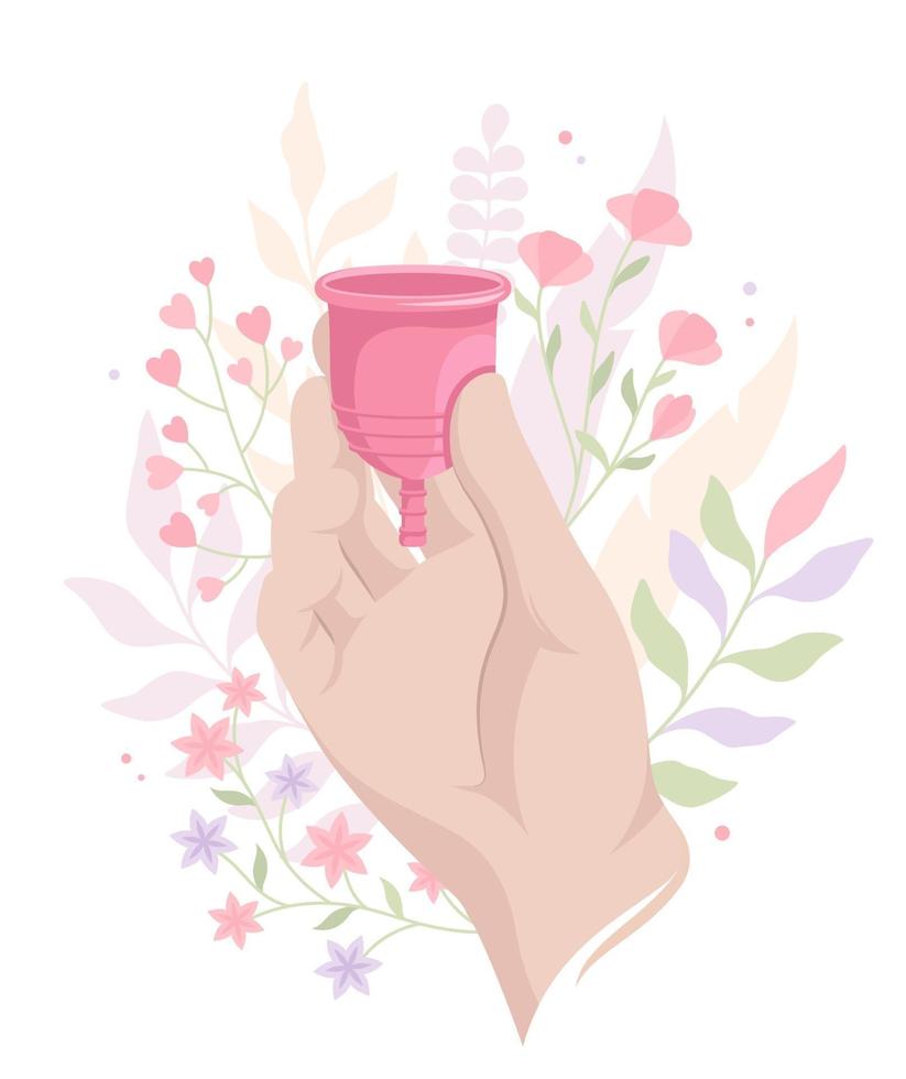 Hand Holding A Menstrual Cup On A Flowers Background vector