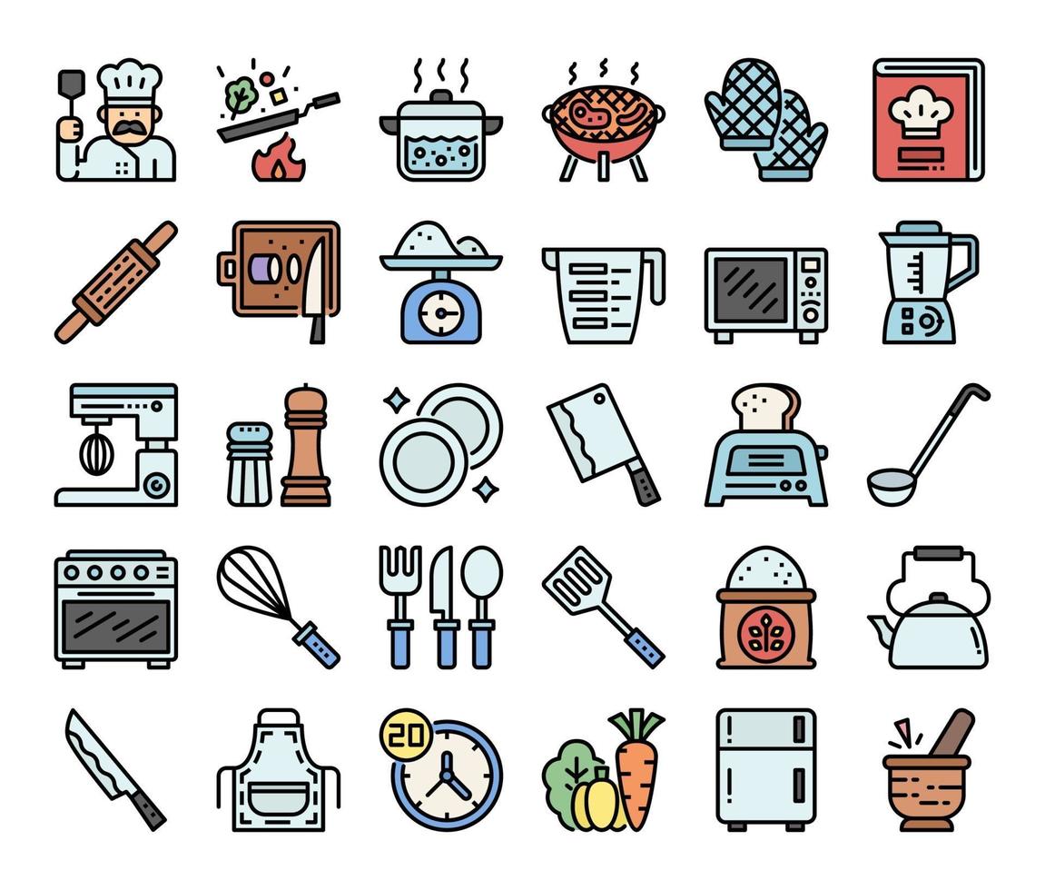 iconos de vector de contorno de color de cocina