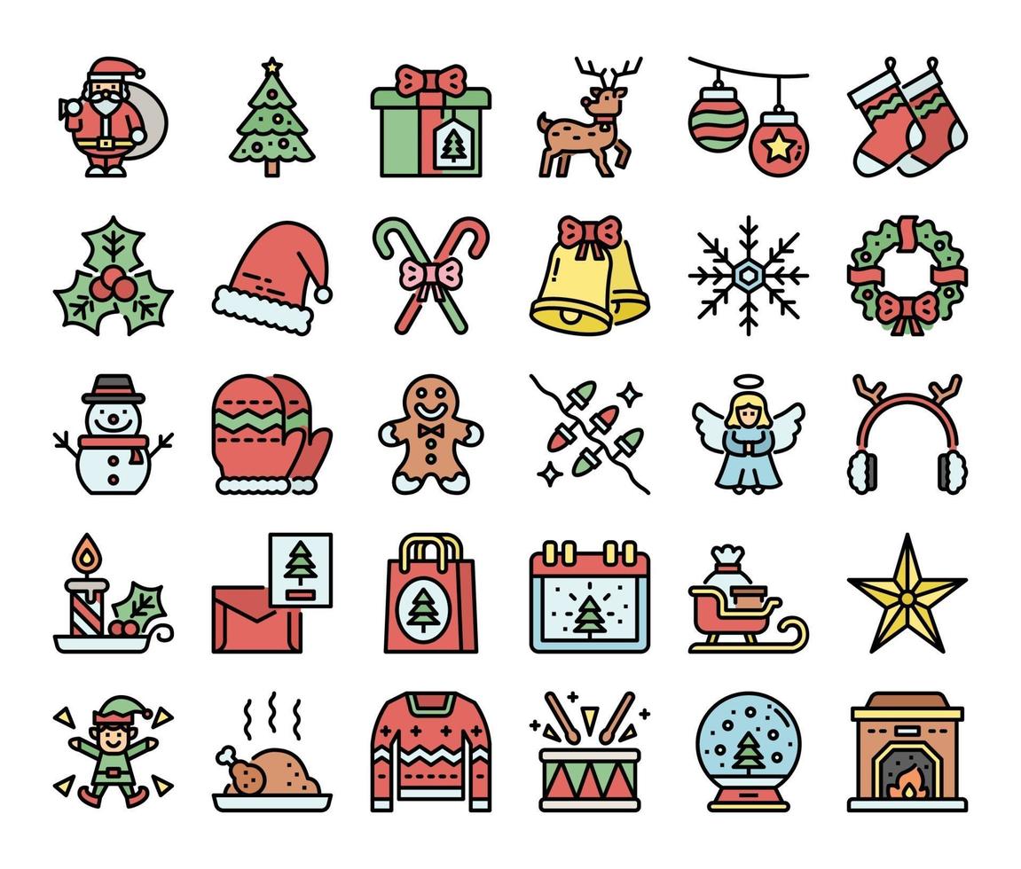merry christmas color outline vector icons