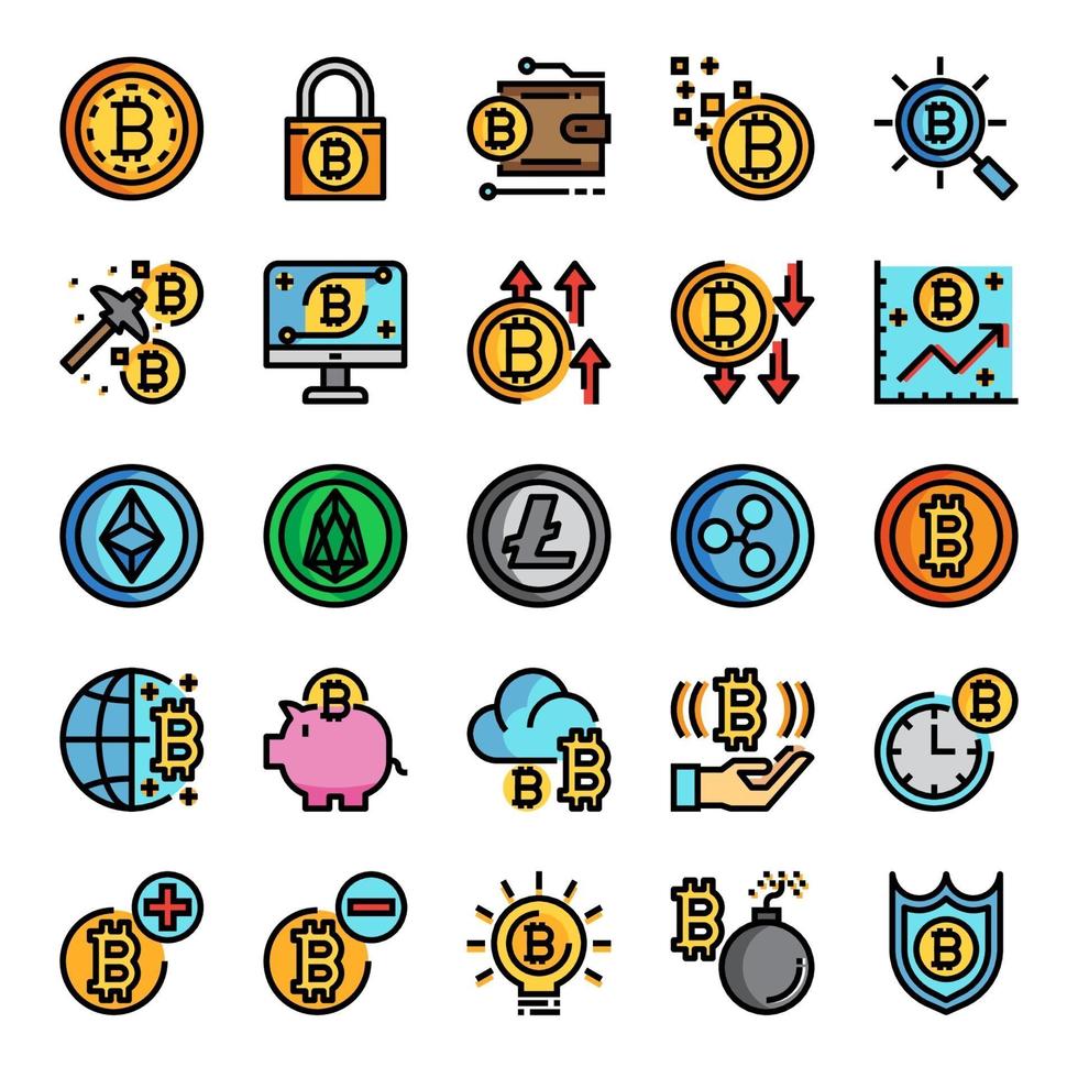 cryptocurrency color line pixel perfect icons vector