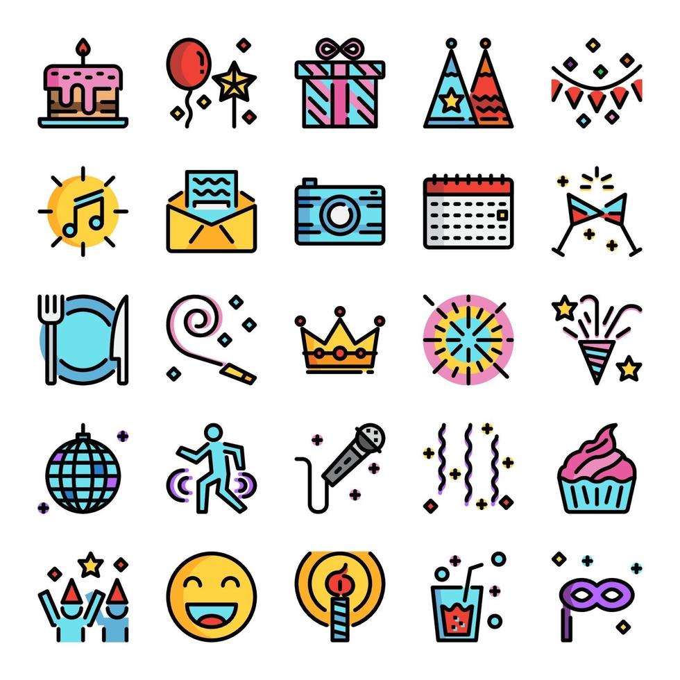Iconos de línea de color perfecto de píxeles de fiesta de cumpleaños vector