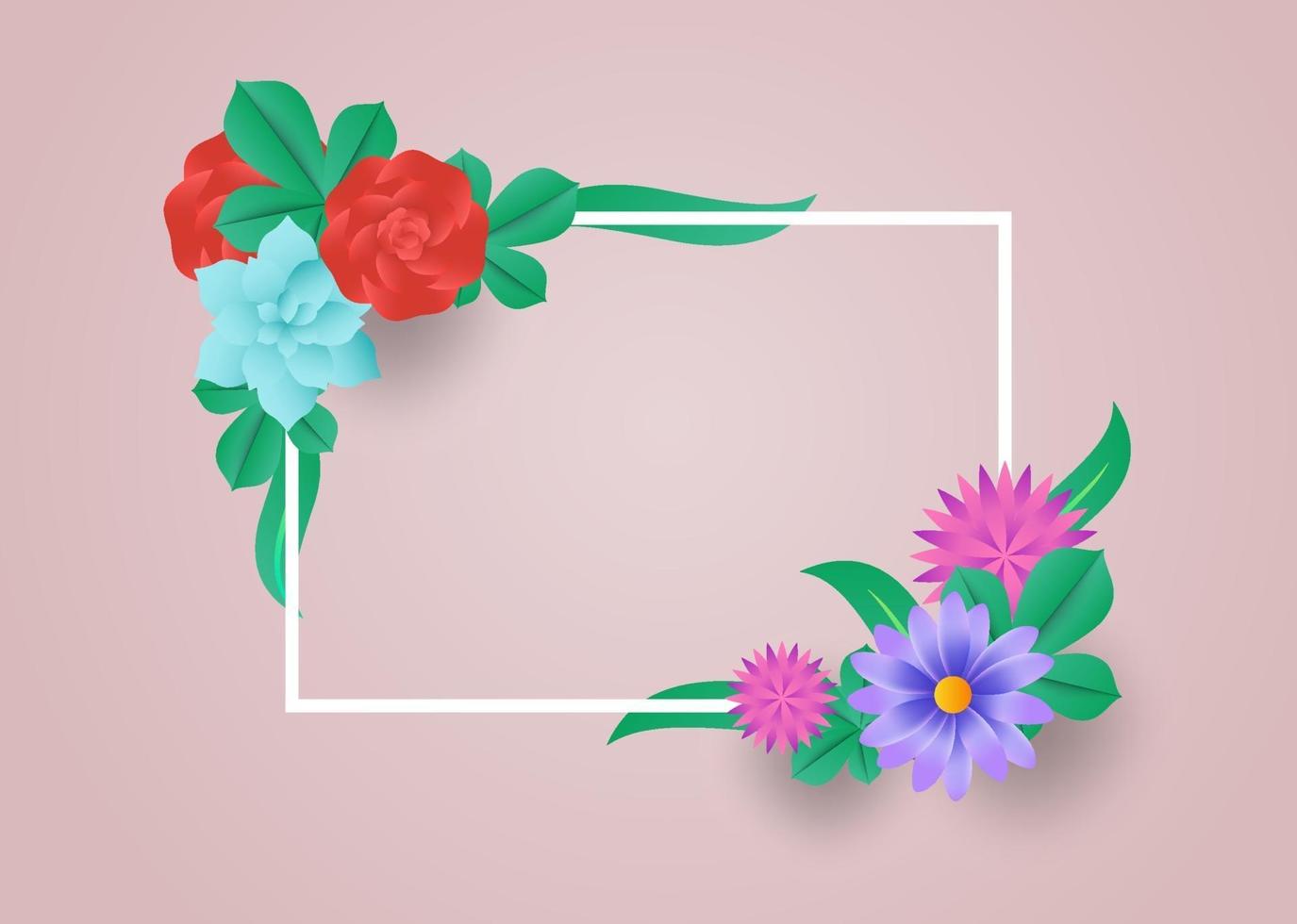 colorful flowers with frame paper cut style vector