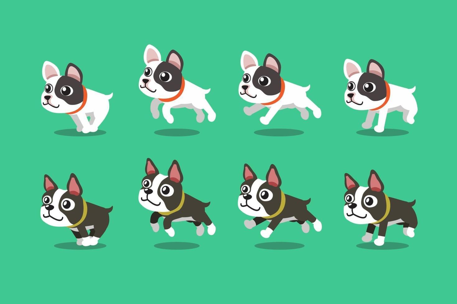 personaje de dibujos animados de vector de perros bulldog francés y boston terrier corriendo paso