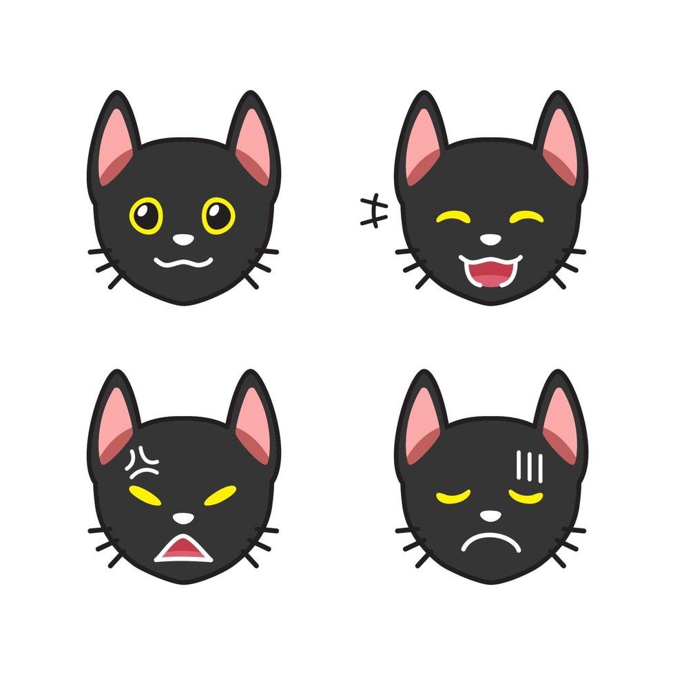 Set of black cat faces showing different emotions vector