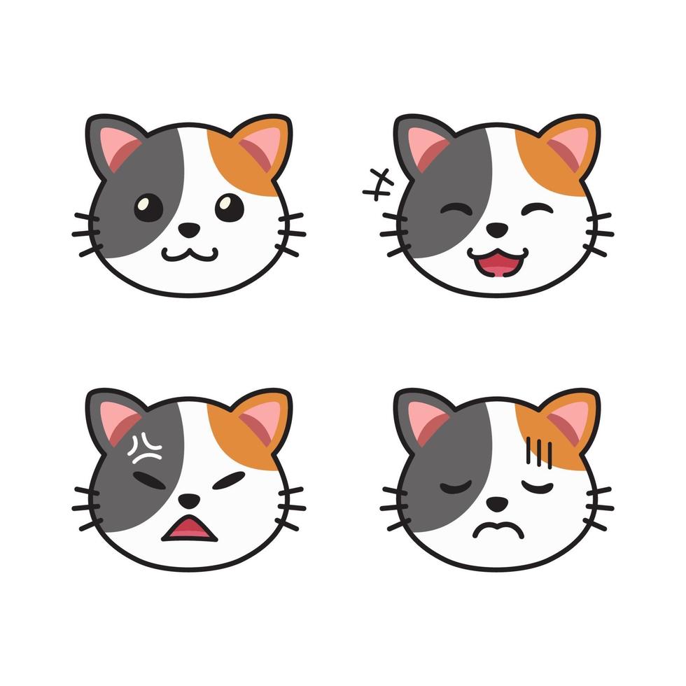 Conjunto de dibujos animados de vector de caras de gato lindo que muestran diferentes emociones