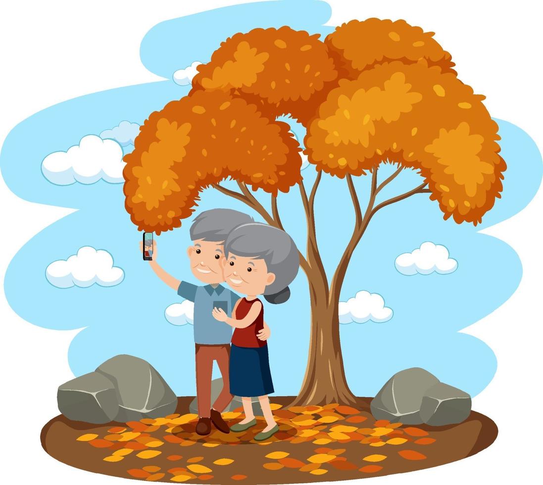 Old couple taking selfie in the park isolated vector