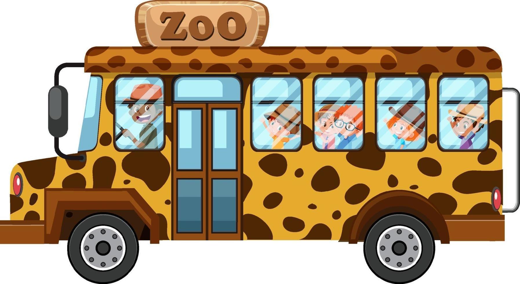 Zoo concept with children on tourist car isolated on white background vector