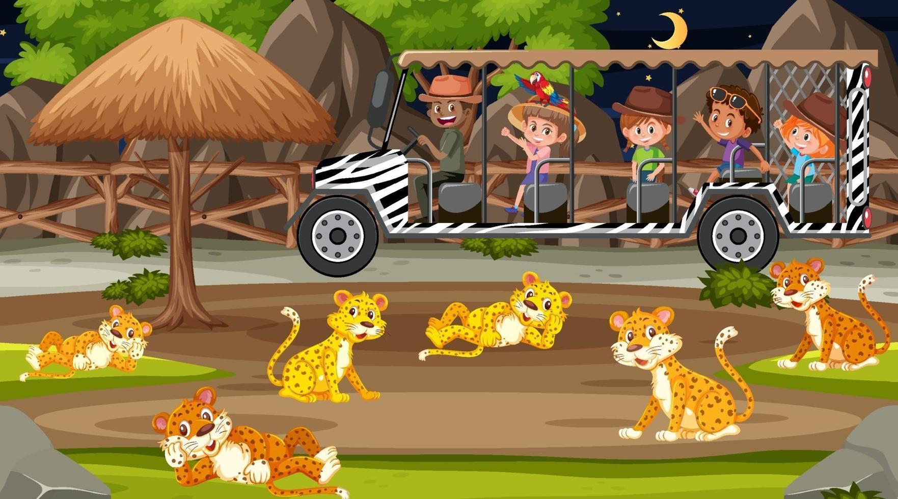 Safari at night scene with kids watching leopard group vector