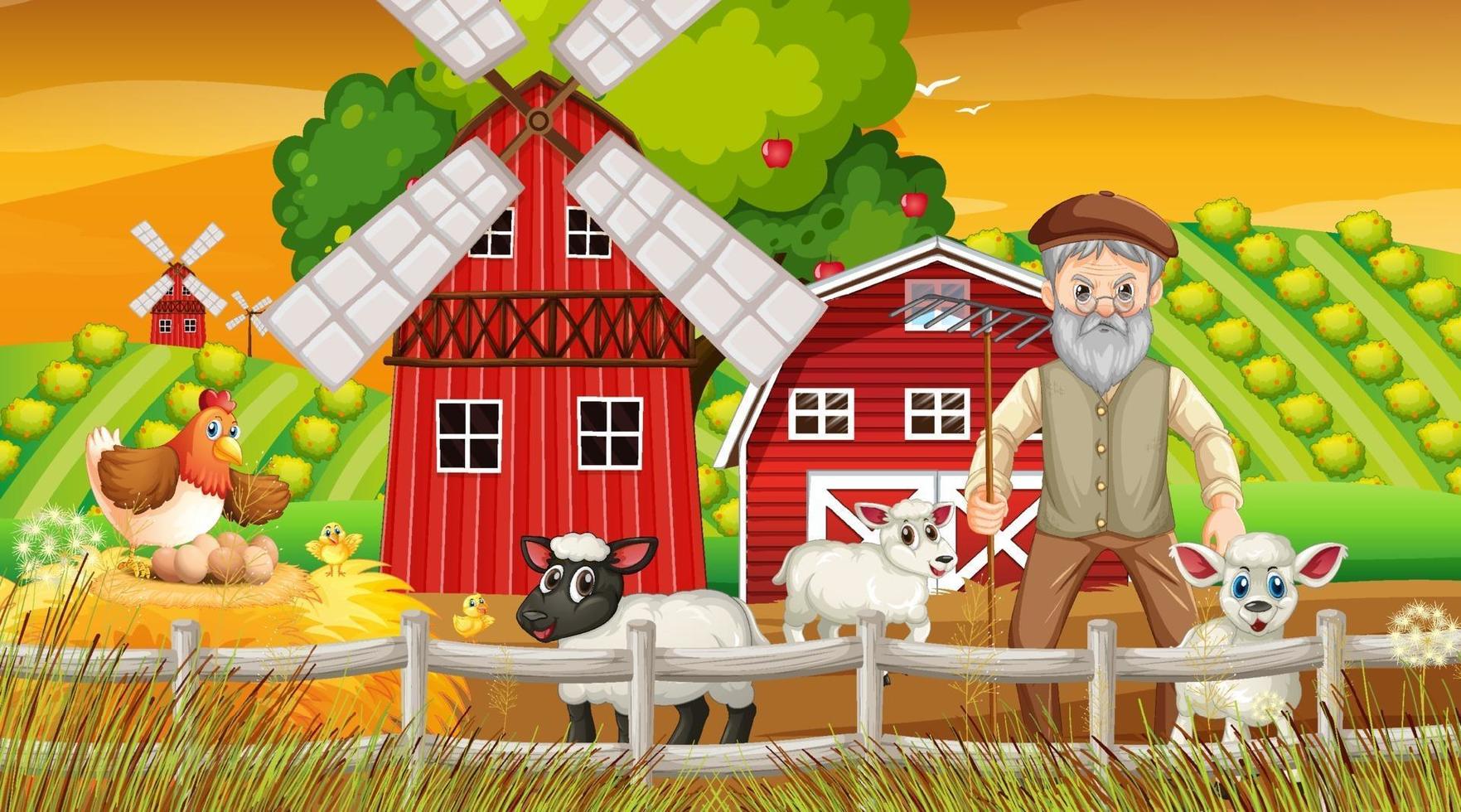 Farm at sunset time scene with old farmer man and farm animals vector