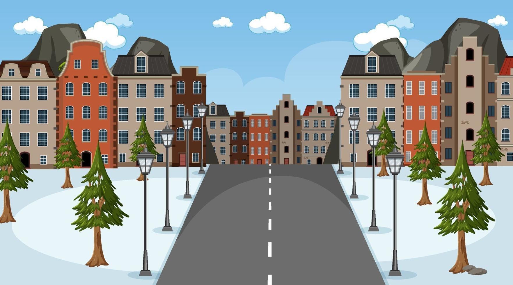 Escena de invierno con un largo camino a través del parque hasta la ciudad. vector