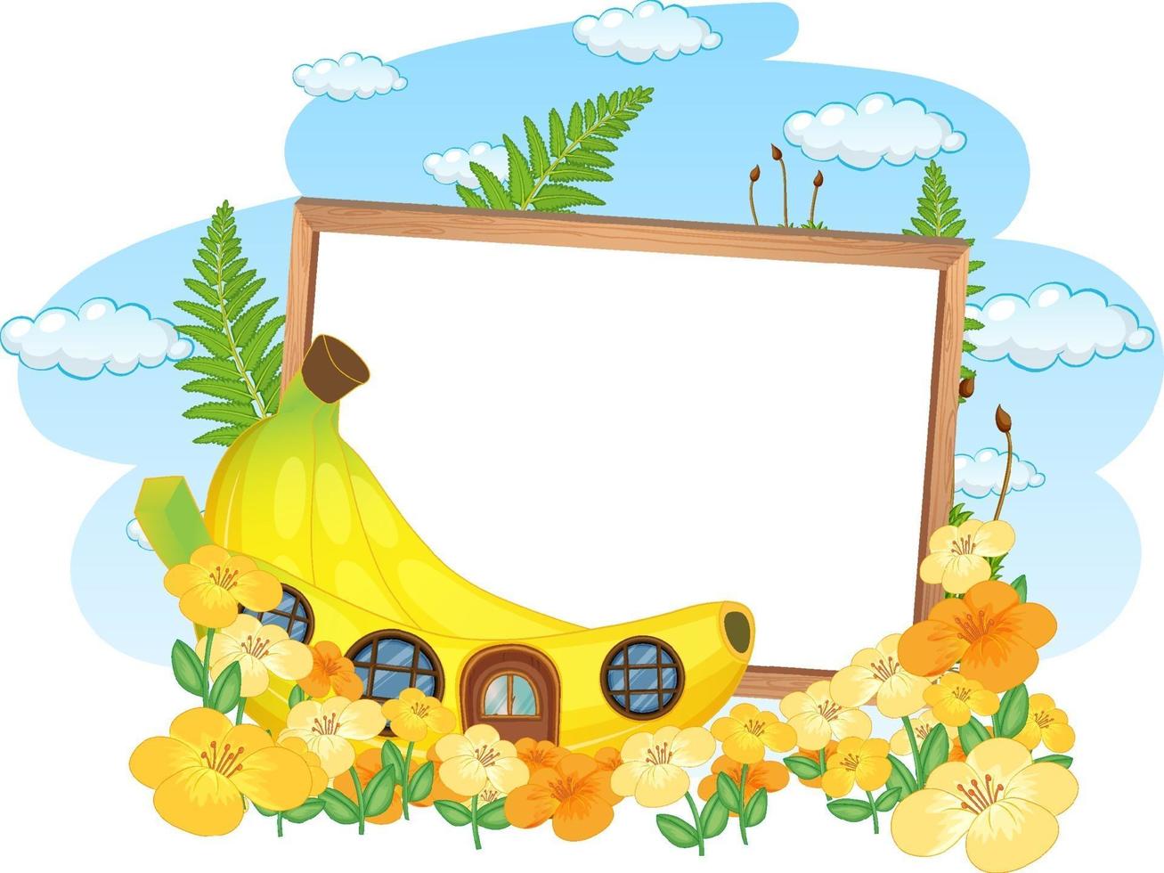 Empty banner with fantasy banana house and many flowers vector