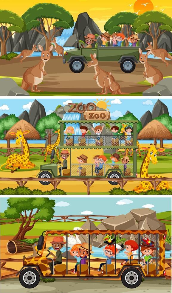 Set of different safari horizontal scenes with animals and kids cartoon character vector