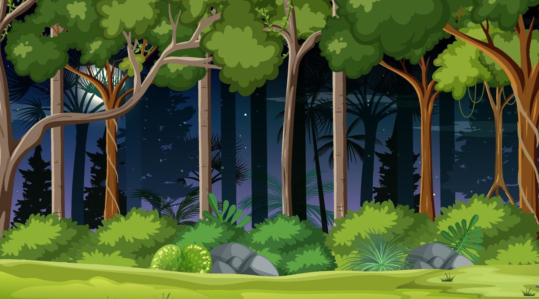 Forest landscape scene at night with many trees vector