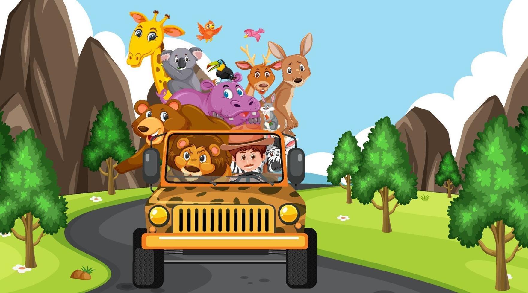 Safari scene at daytime with wild animals on the tourist car vector