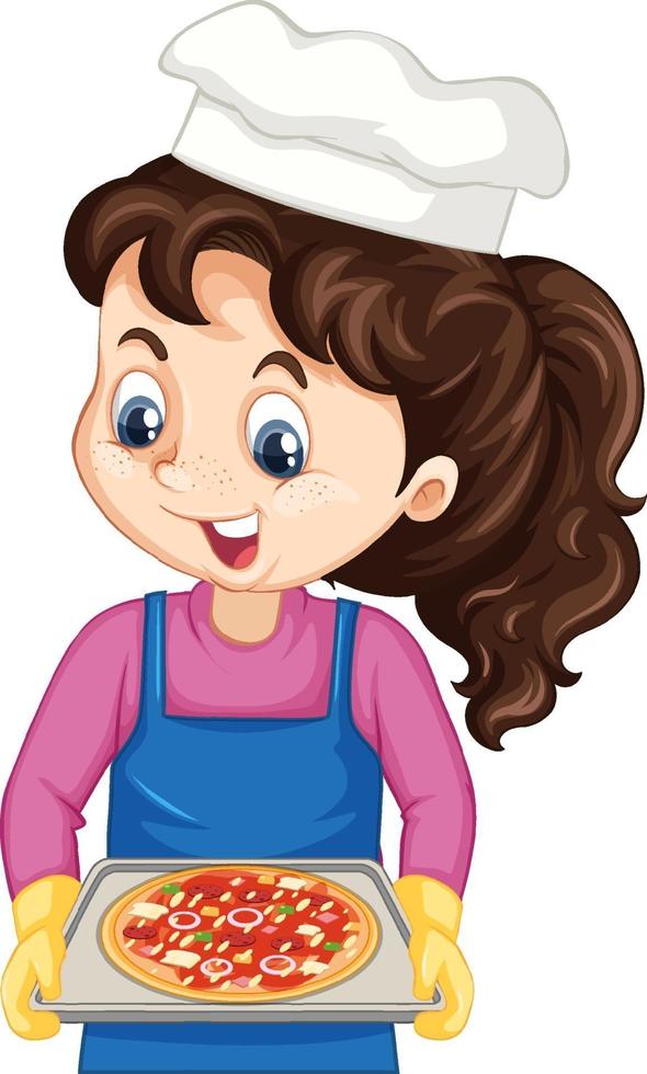 Chef girl cartoon character holding pizza tray vector