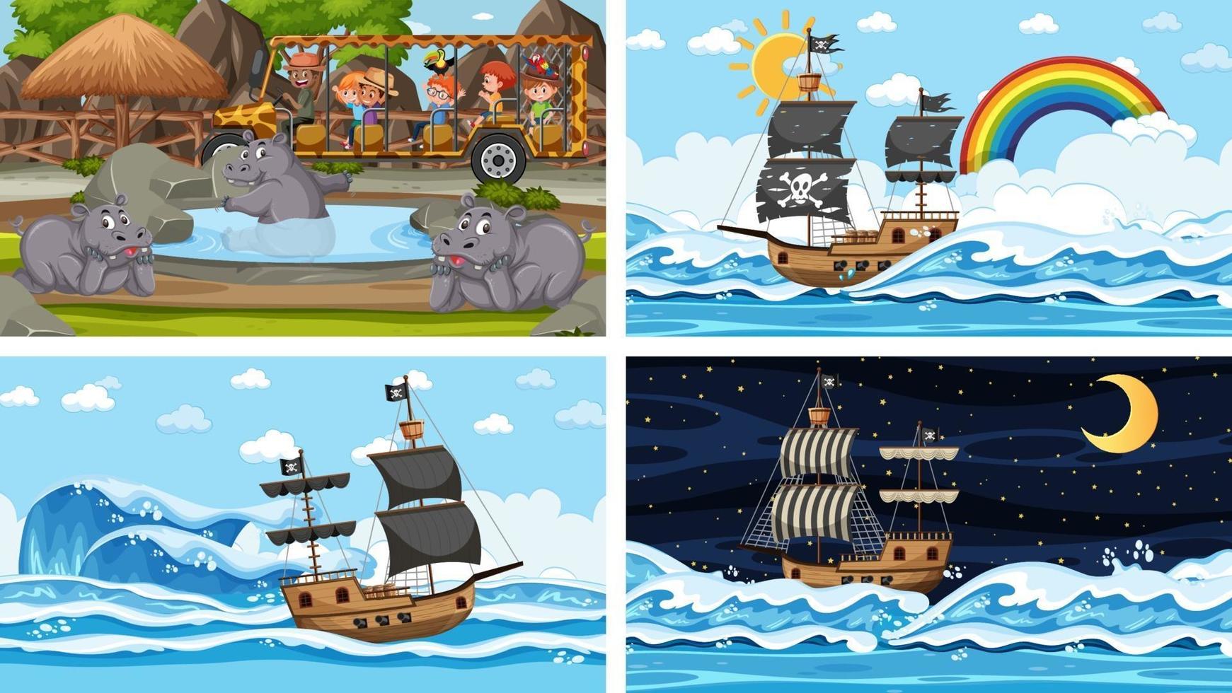 Conjunto de diferentes escenas con animales en el zoológico y barco pirata en el mar. vector