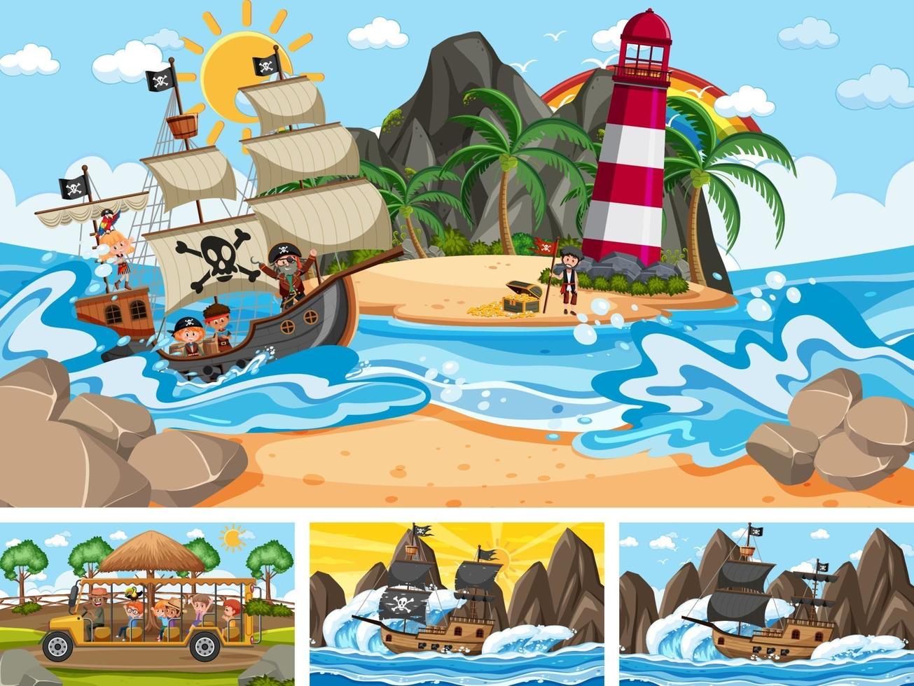 Conjunto de diferentes escenas con barco pirata en el mar y animales en el zoológico. vector