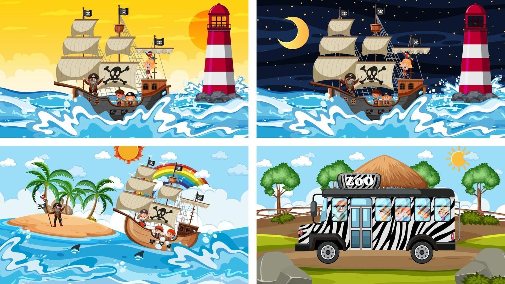 Conjunto de diferentes escenas con animales en el zoológico y barco pirata en el mar. vector