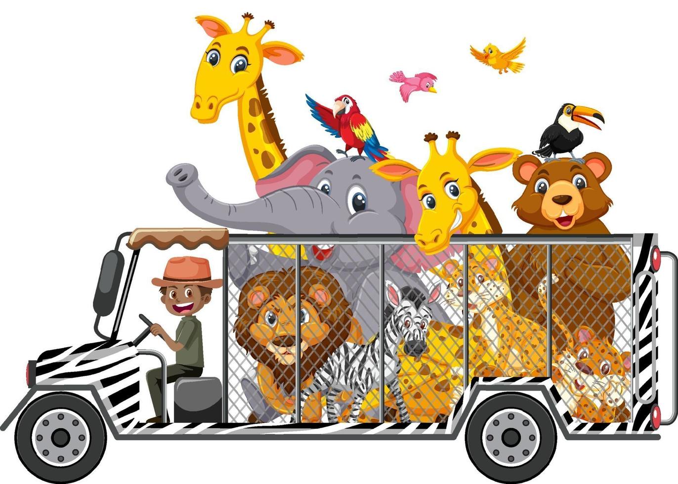 Concepto de zoológico con animales salvajes en el coche aislado sobre fondo blanco. vector