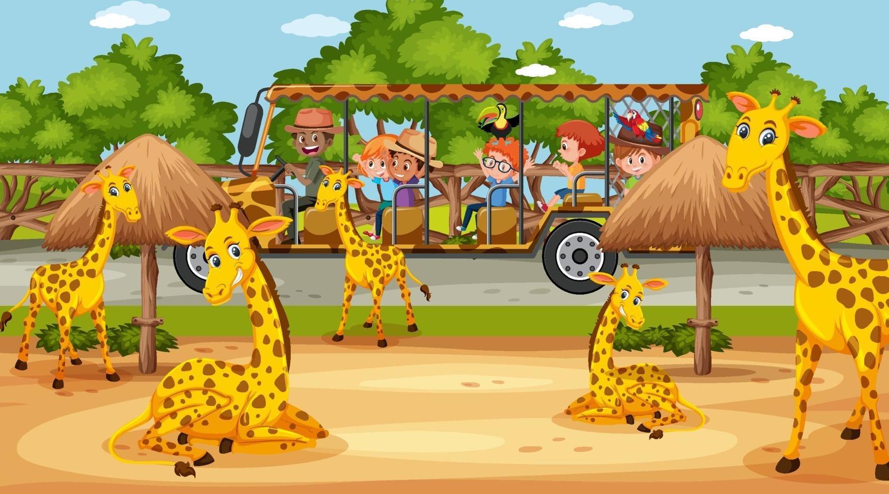 Escena de safari con niños en coche turístico viendo grupo de jirafas vector