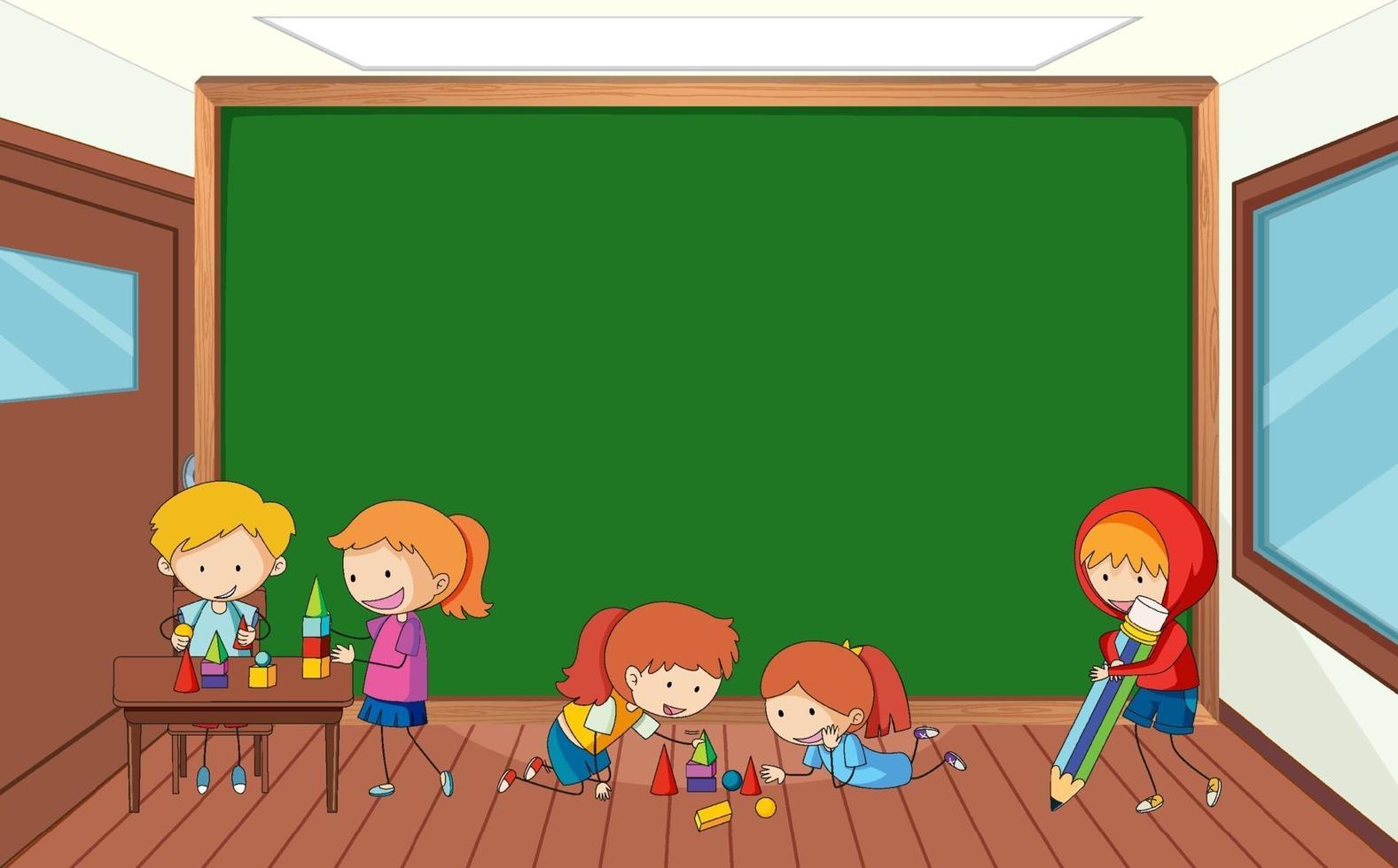 Empty blackboard in classroom scene with many kids doodle cartoon character vector