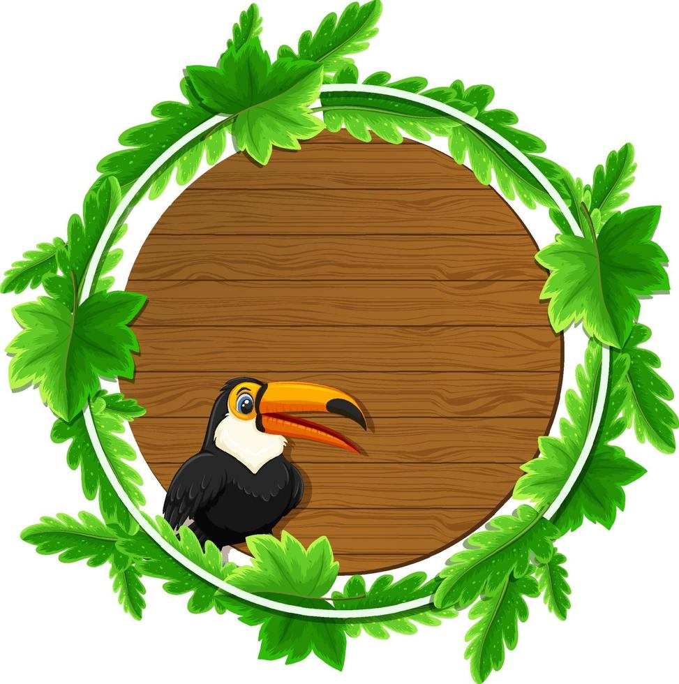 Round green leaves banner template with a toucan cartoon character vector