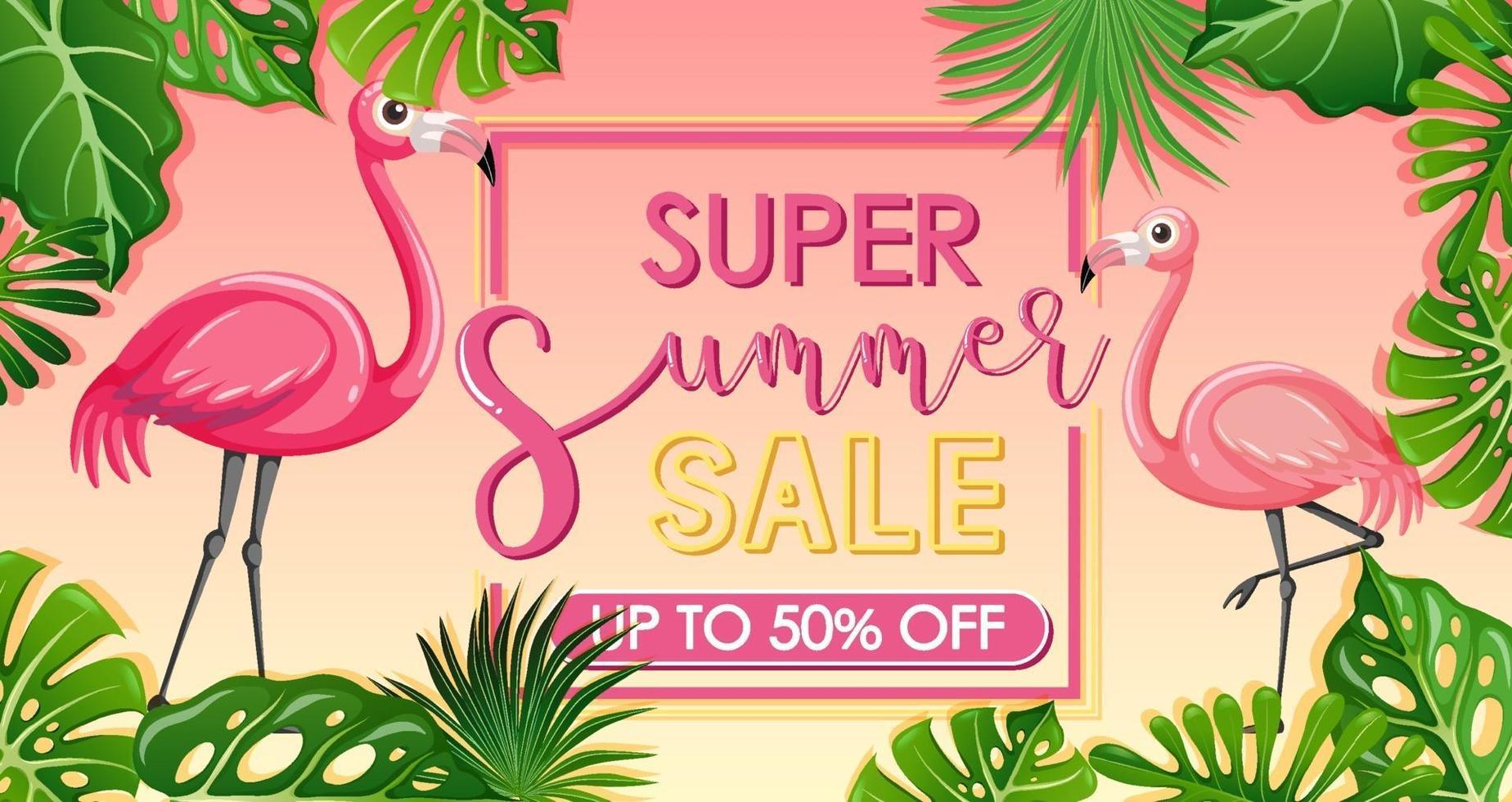 banner de venta de súper verano con flamencos y hojas tropicales vector