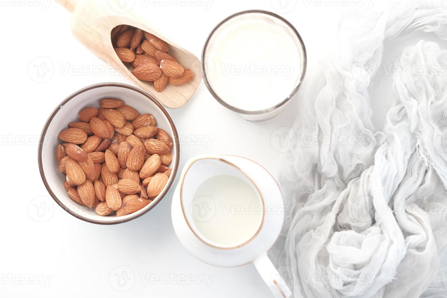 Top view of almonds and milk photo