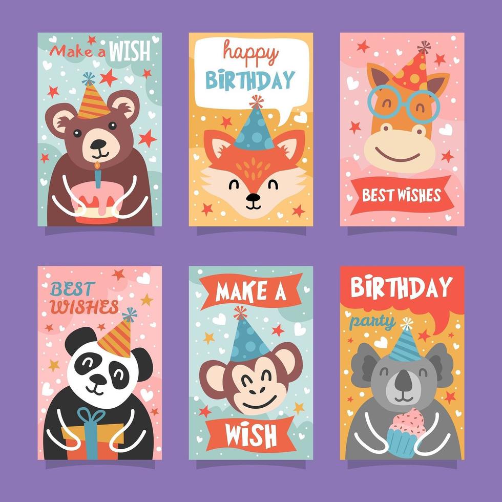 linda colección de tarjetas de cumpleaños de animales vector